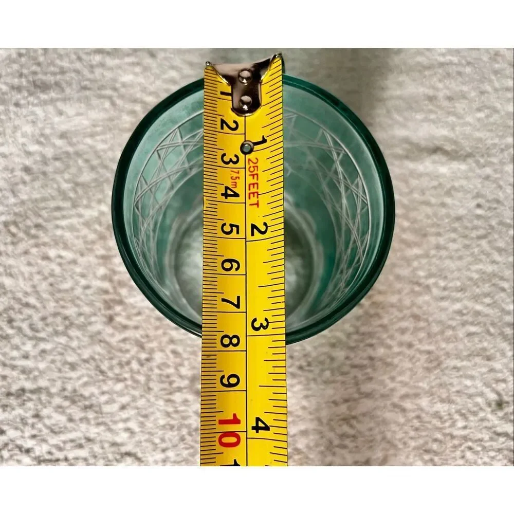 Anthropologie Bianca Jade Green Tumbler Drinking Glasses Etched Set of 4
